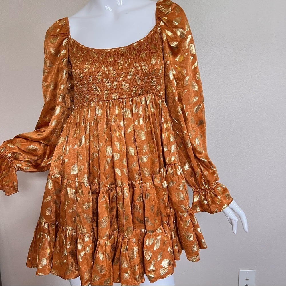 Aron Rust and Gold Velvet Smocked Mini  Dress NWT - Picture 2 of 7